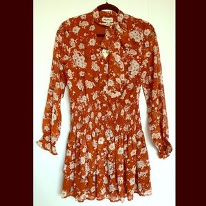 Floral tie neck smocked waist tiered skirt dress